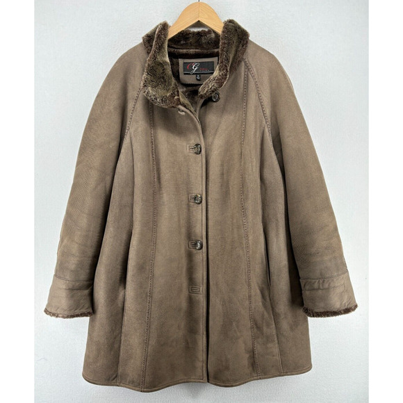 CG COLLECTION BY GALLERY Jacket Womens 1X Faux Fur Lined Button Front Coat Brown - Picture 2 of 16